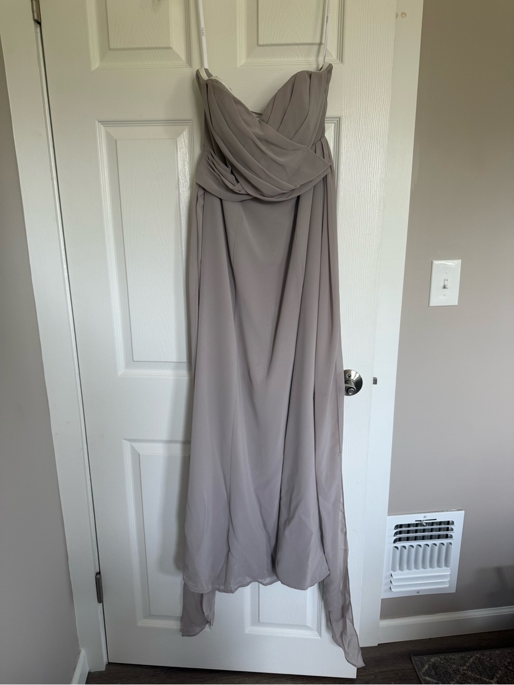 Strapless Draped Chiffon Gown in Taupe